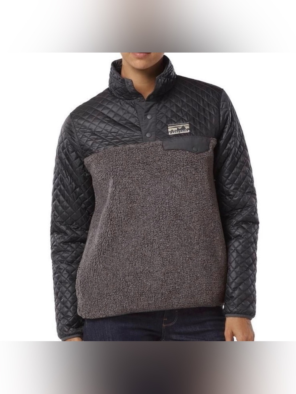 Patagonia Mixed Media Snap T Sherpa Fleece Quilted in Forge Grey Size Large Rare